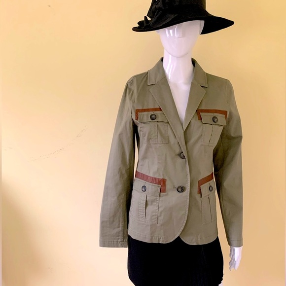 Michael Kors army green khaki safari cargo blazer collared 2 buttons 4 pockets S - Picture 5 of 16